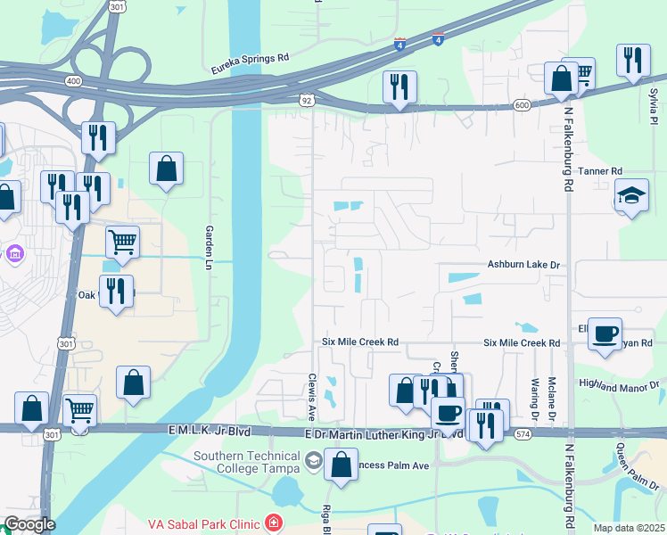 map of restaurants, bars, coffee shops, grocery stores, and more near 9307 Eden Drive in Tampa