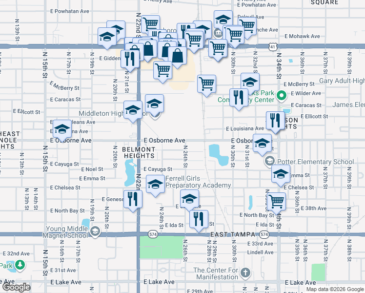 map of restaurants, bars, coffee shops, grocery stores, and more near 2509 East Osborne Avenue in Tampa