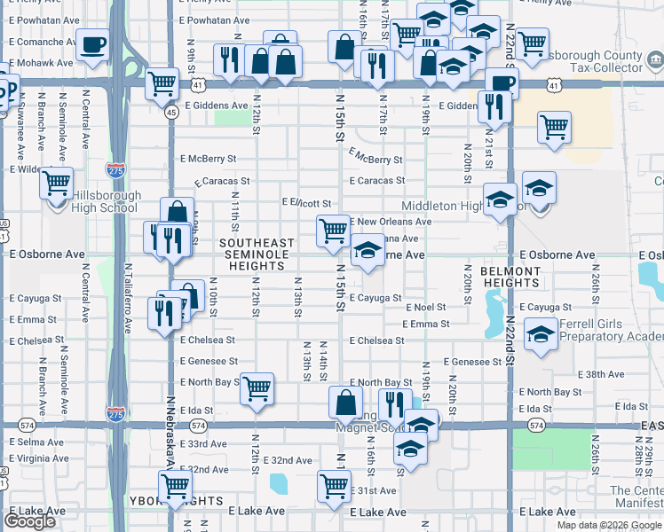 map of restaurants, bars, coffee shops, grocery stores, and more near 1345 East Osborne Avenue in Tampa