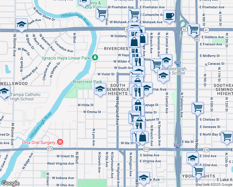 map of restaurants, bars, coffee shops, grocery stores, and more near 304 West Osborne Avenue in Tampa
