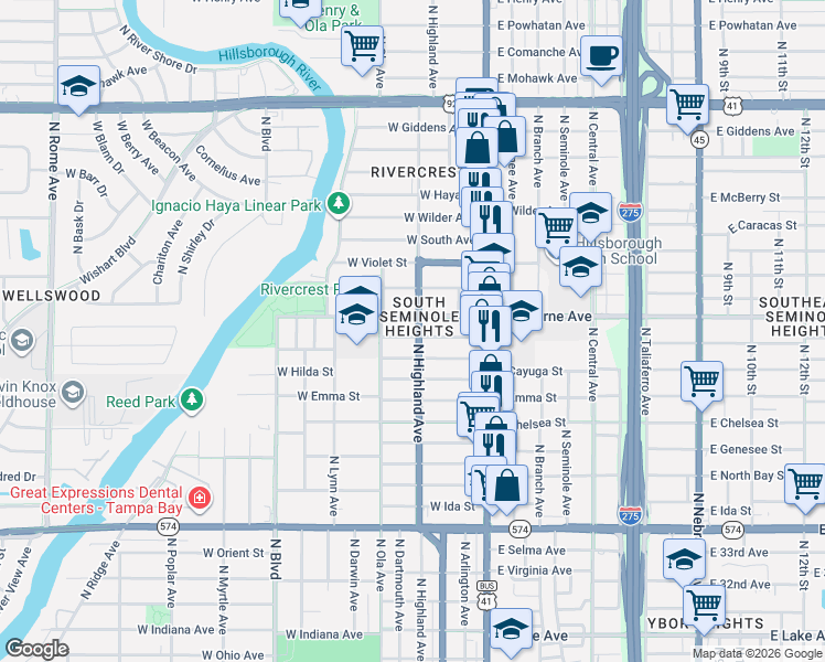 map of restaurants, bars, coffee shops, grocery stores, and more near 304 West Osborne Avenue in Tampa