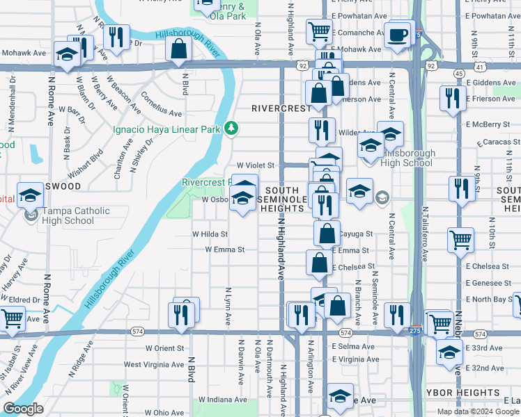 map of restaurants, bars, coffee shops, grocery stores, and more near 400 West Osborne Avenue in Tampa
