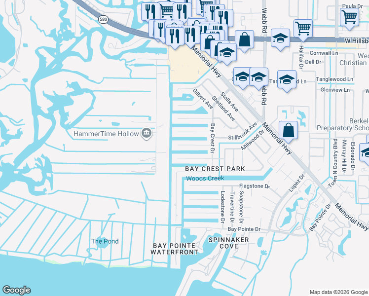 map of restaurants, bars, coffee shops, grocery stores, and more near 8724 Hickorywood Lane in Tampa