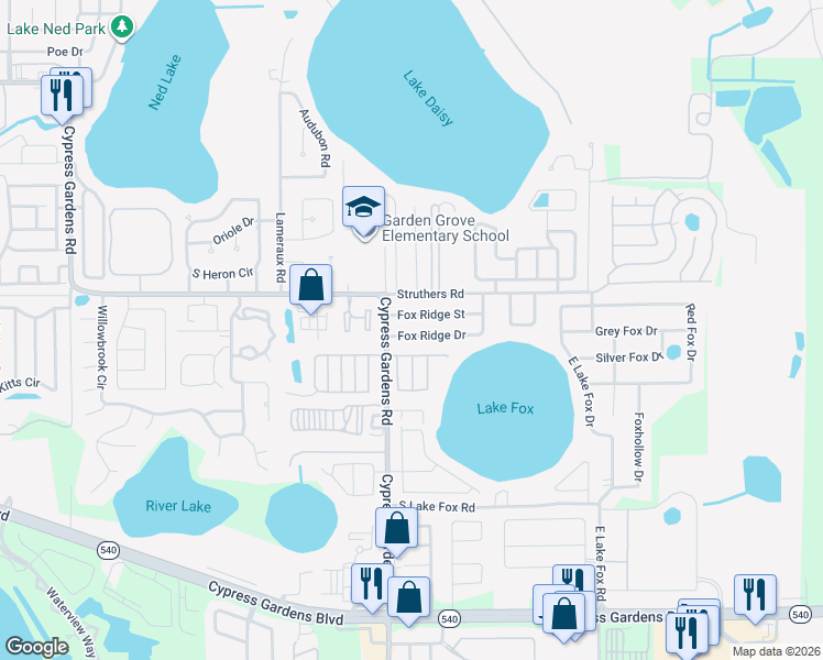 map of restaurants, bars, coffee shops, grocery stores, and more near 3406 Fox Ridge Street in Winter Haven