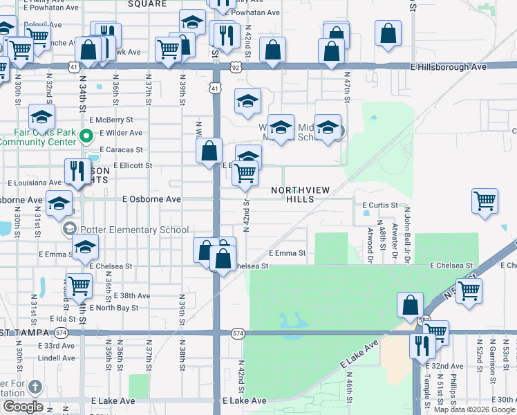 map of restaurants, bars, coffee shops, grocery stores, and more near 4210 East Curtis Street in Tampa