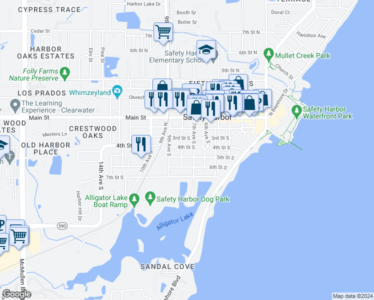 map of restaurants, bars, coffee shops, grocery stores, and more near 736 4th Street South in Safety Harbor