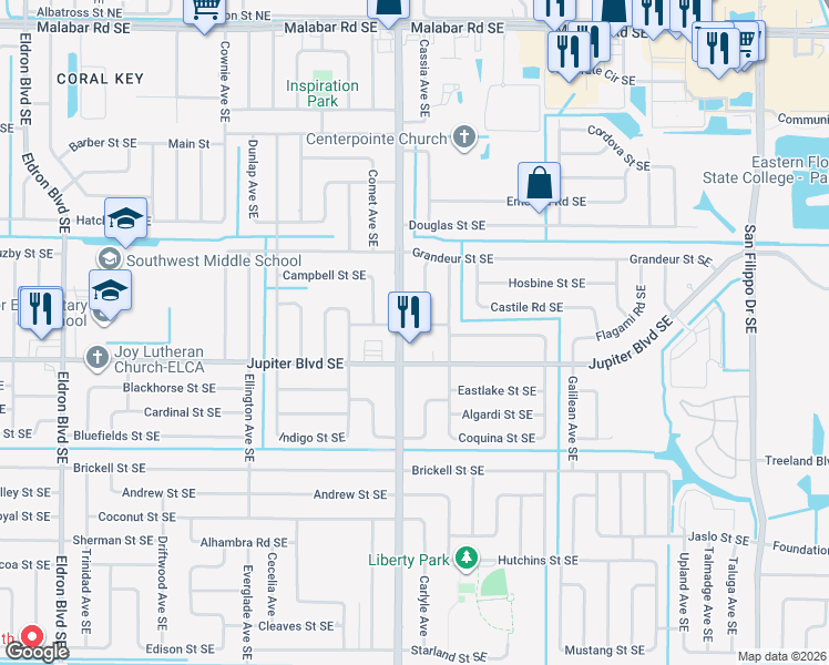 map of restaurants, bars, coffee shops, grocery stores, and more near 878 Cynthia Street Southeast in Palm Bay