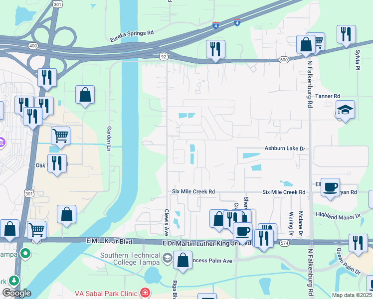 map of restaurants, bars, coffee shops, grocery stores, and more near 9365 Eden Drive in Tampa
