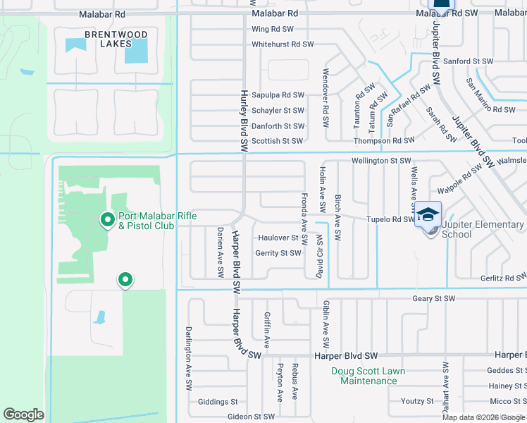 map of restaurants, bars, coffee shops, grocery stores, and more near 1290 Daton Road Southwest in Palm Bay