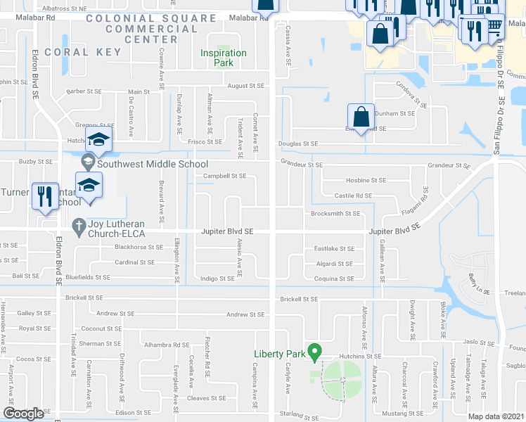 map of restaurants, bars, coffee shops, grocery stores, and more near 838 Cynthia Street Southeast in Palm Bay