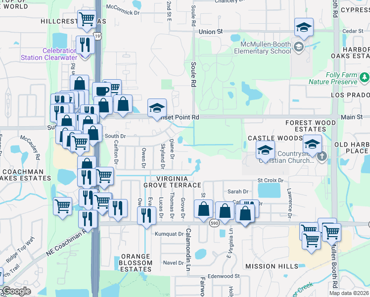 map of restaurants, bars, coffee shops, grocery stores, and more near 2779 Diane Terrace in Clearwater