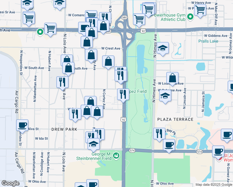 map of restaurants, bars, coffee shops, grocery stores, and more near 3810 West Osborne Avenue in Tampa