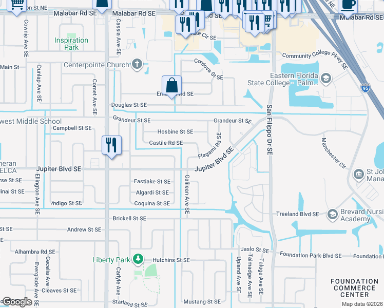 map of restaurants, bars, coffee shops, grocery stores, and more near 1021 Flagami Road Southeast in Palm Bay