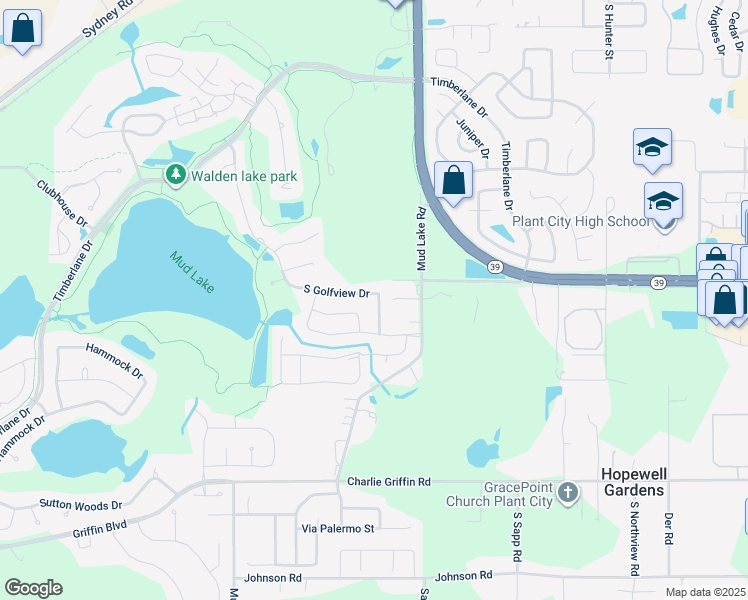 map of restaurants, bars, coffee shops, grocery stores, and more near 1605 South Golfview Drive in Plant City