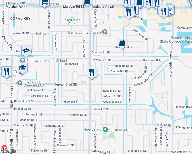 map of restaurants, bars, coffee shops, grocery stores, and more near 878 Cynthia Street Southeast in Palm Bay