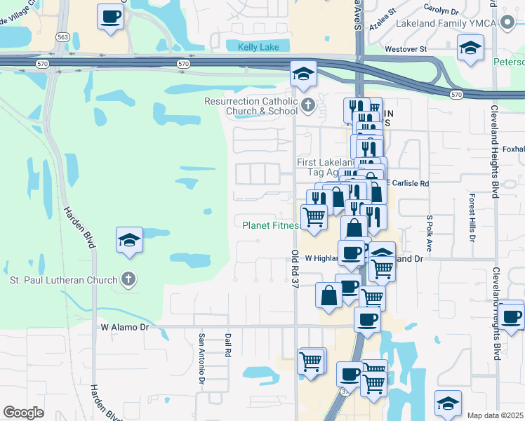 map of restaurants, bars, coffee shops, grocery stores, and more near 499 Garden Drive North in Lakeland
