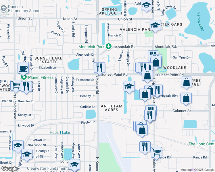 map of restaurants, bars, coffee shops, grocery stores, and more near 1861 North Keene Road in Clearwater