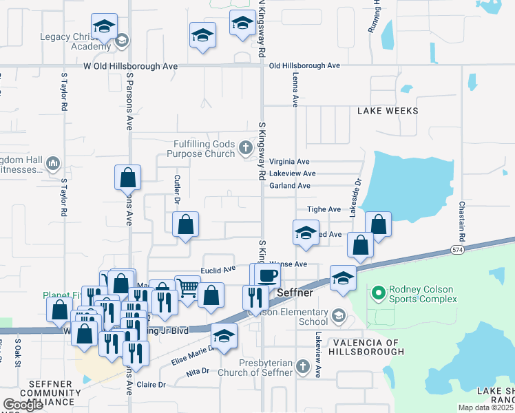 map of restaurants, bars, coffee shops, grocery stores, and more near 907 South Kingsway Road in Seffner