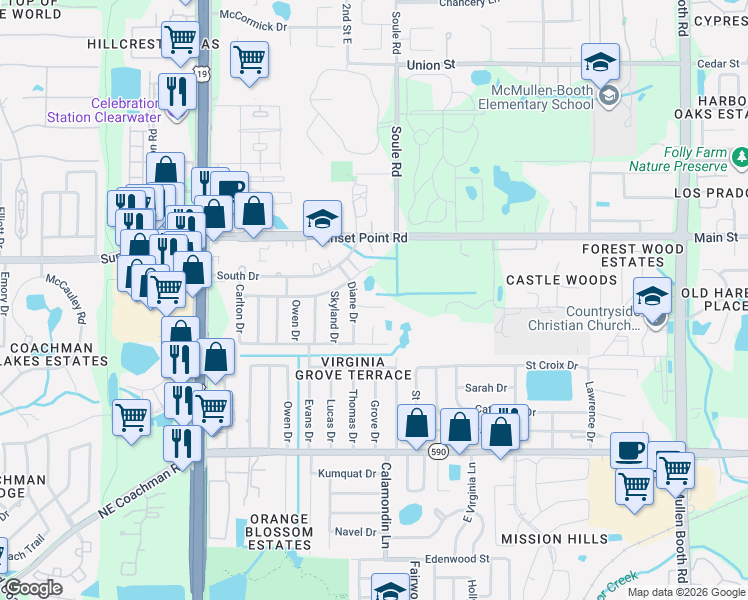 map of restaurants, bars, coffee shops, grocery stores, and more near 2779 Diane Terrace in Clearwater