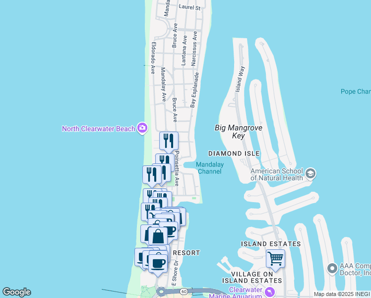 map of restaurants, bars, coffee shops, grocery stores, and more near 665 Poinsettia Avenue in Clearwater
