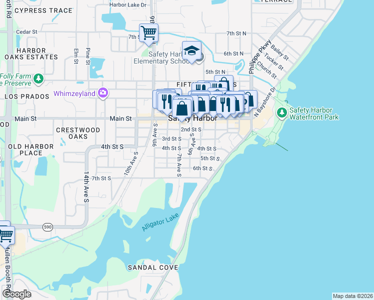 map of restaurants, bars, coffee shops, grocery stores, and more near 425 6th Avenue South in Safety Harbor