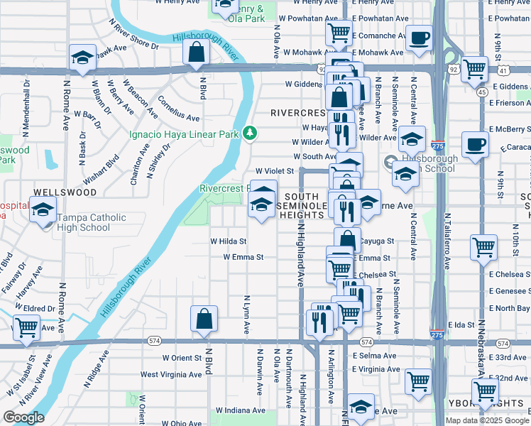 map of restaurants, bars, coffee shops, grocery stores, and more near 400 West Osborne Avenue in Tampa