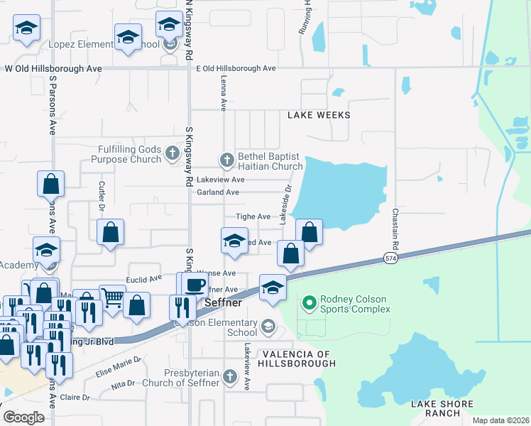 map of restaurants, bars, coffee shops, grocery stores, and more near 510 Tighe Avenue in Seffner