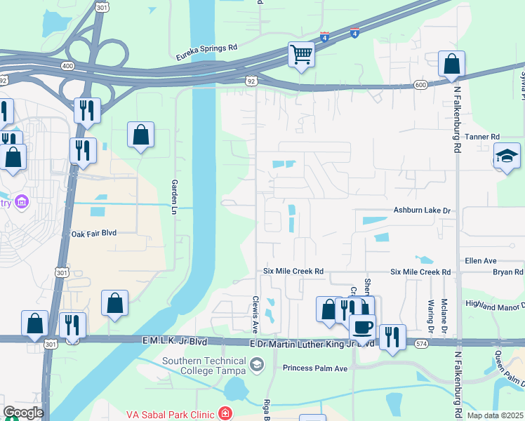map of restaurants, bars, coffee shops, grocery stores, and more near 9307 Eden Drive in Tampa