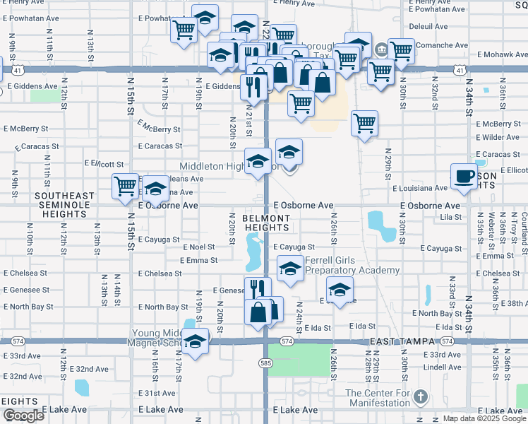map of restaurants, bars, coffee shops, grocery stores, and more near 4620 North 22nd Street in Tampa