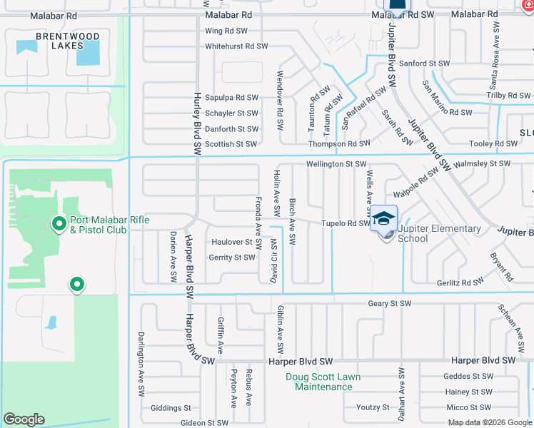 map of restaurants, bars, coffee shops, grocery stores, and more near 1171 Tupelo Road Southwest in Palm Bay