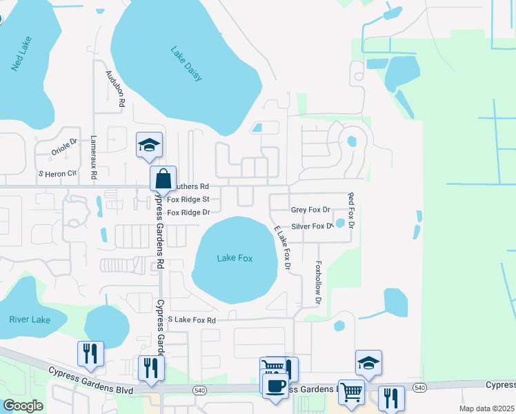 map of restaurants, bars, coffee shops, grocery stores, and more near 5901 Grey Fox Drive in Winter Haven