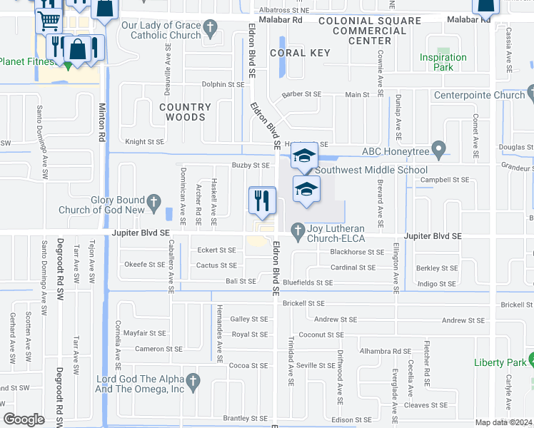 map of restaurants, bars, coffee shops, grocery stores, and more near 432 Barthel Street Southeast in Palm Bay