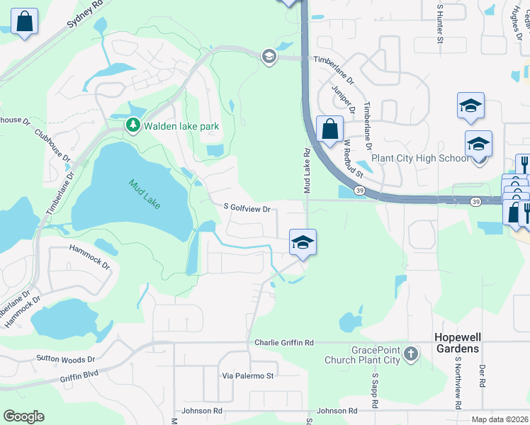 map of restaurants, bars, coffee shops, grocery stores, and more near 1609 South Golfview Drive in Plant City