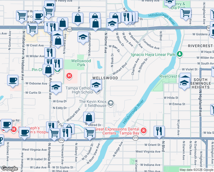 map of restaurants, bars, coffee shops, grocery stores, and more near 4705 North Rome Avenue in Tampa