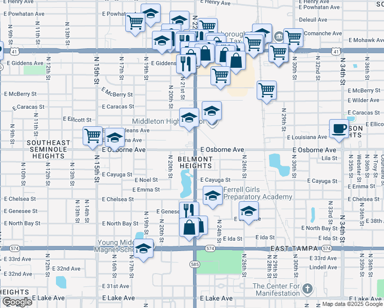 map of restaurants, bars, coffee shops, grocery stores, and more near 4620 North 22nd Street in Tampa