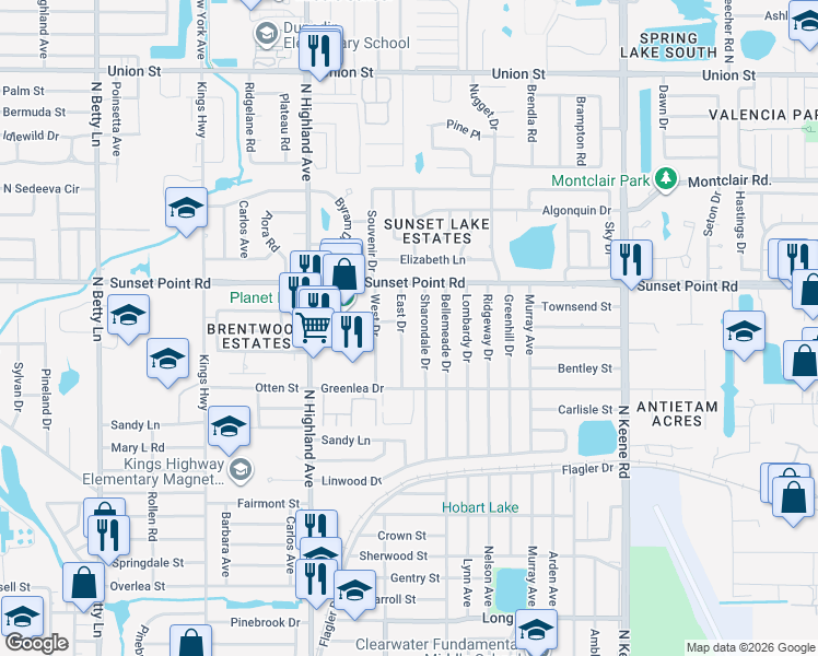 map of restaurants, bars, coffee shops, grocery stores, and more near 1841 East Drive in Clearwater