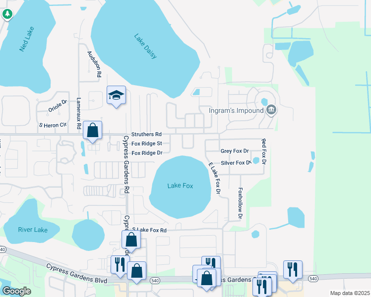 map of restaurants, bars, coffee shops, grocery stores, and more near 5630 Struthers Court in Winter Haven
