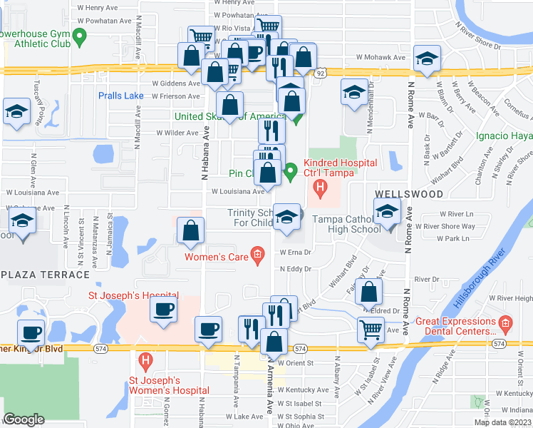 map of restaurants, bars, coffee shops, grocery stores, and more near 4730 North Armenia Avenue in Tampa