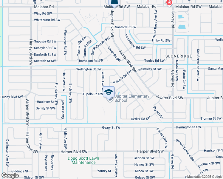 map of restaurants, bars, coffee shops, grocery stores, and more near 491 Tilhal Road Southwest in Palm Bay