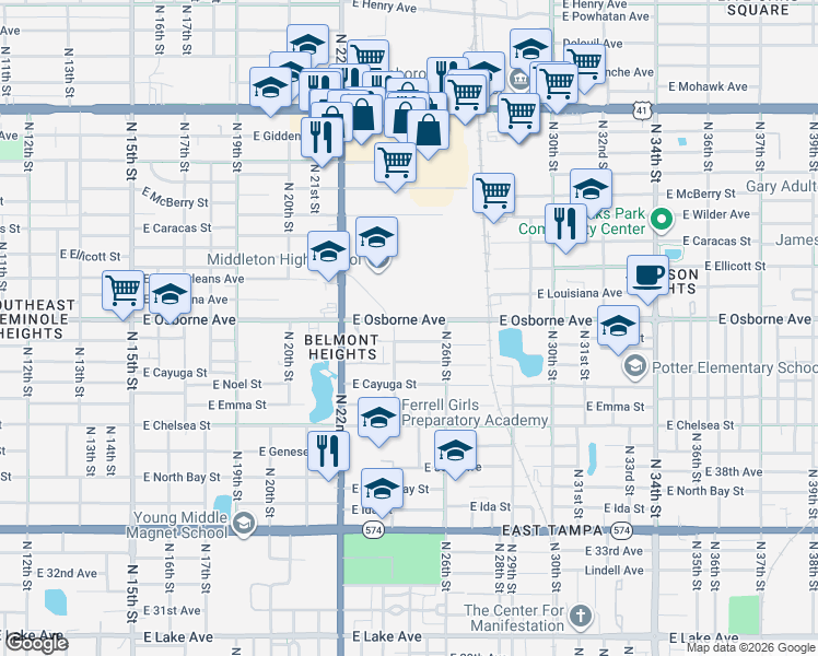map of restaurants, bars, coffee shops, grocery stores, and more near 2401 East Osborne Avenue in Tampa