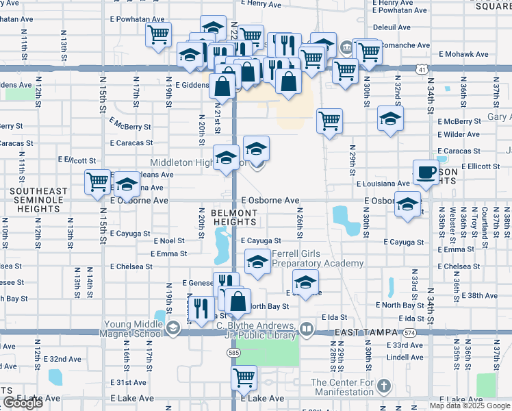 map of restaurants, bars, coffee shops, grocery stores, and more near in Tampa