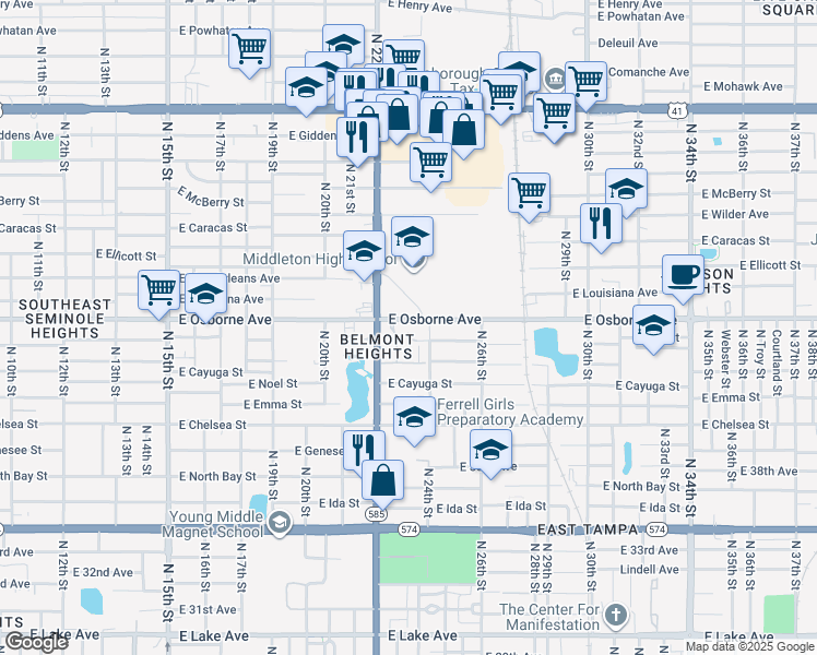map of restaurants, bars, coffee shops, grocery stores, and more near in Tampa