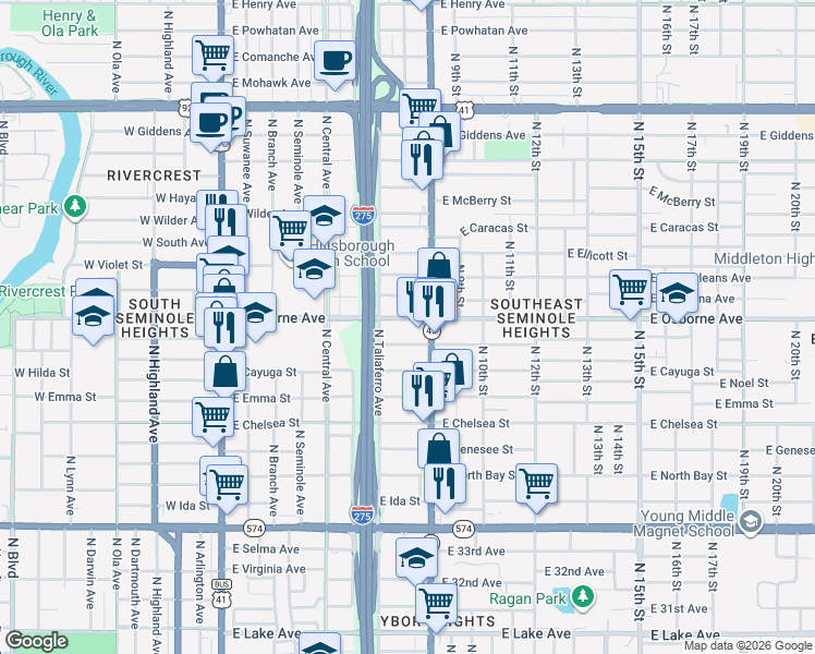 map of restaurants, bars, coffee shops, grocery stores, and more near 815 East Osborne Avenue in Tampa