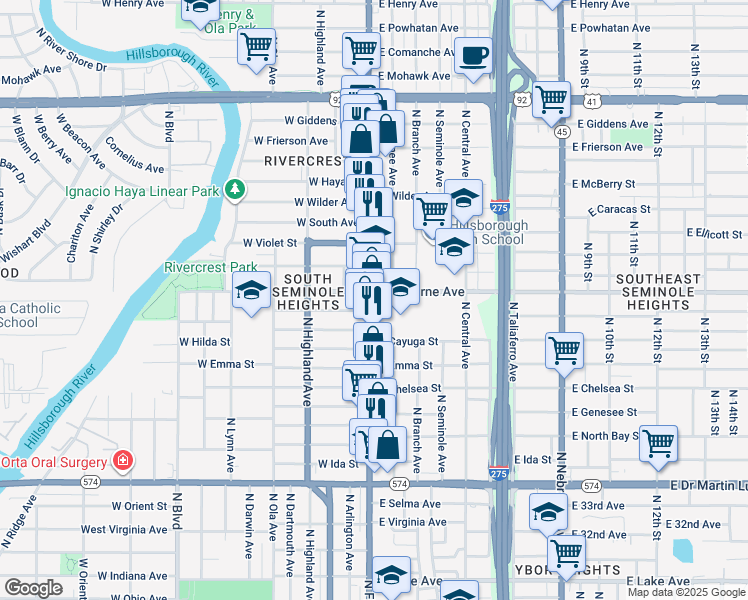 map of restaurants, bars, coffee shops, grocery stores, and more near 4710 North Florida Avenue in Tampa
