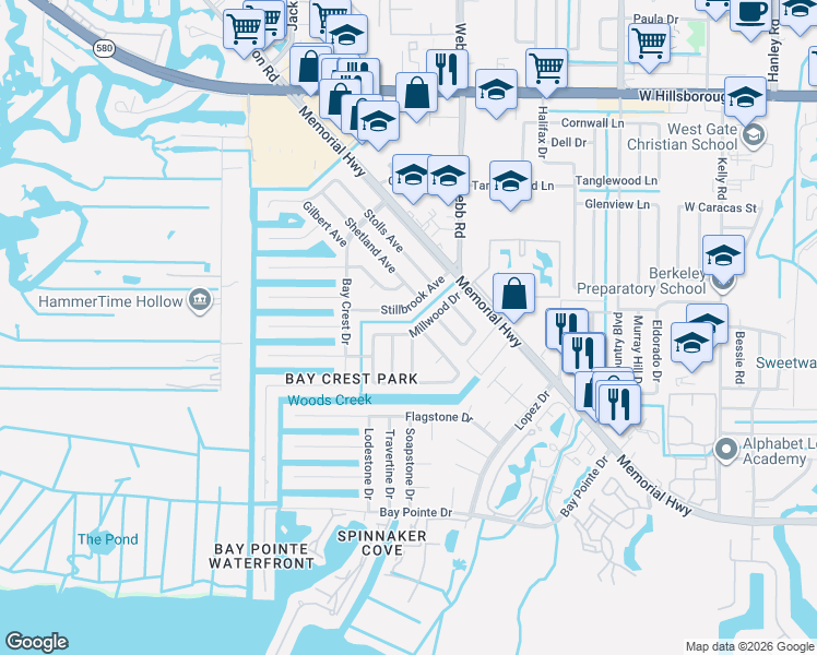 map of restaurants, bars, coffee shops, grocery stores, and more near 8302 Boxwood Drive in Tampa