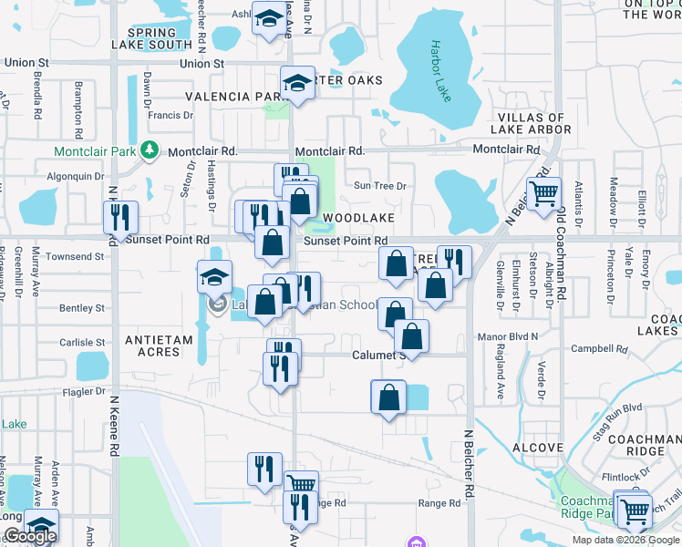 map of restaurants, bars, coffee shops, grocery stores, and more near 2095 Sunset Point Road in Clearwater