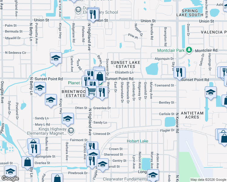 map of restaurants, bars, coffee shops, grocery stores, and more near 1841 East Drive in Clearwater