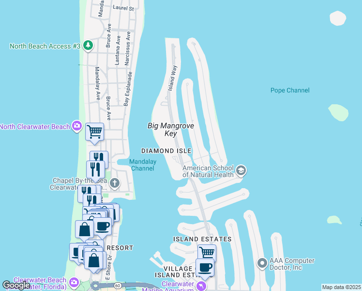 map of restaurants, bars, coffee shops, grocery stores, and more near 671 Island Way in Clearwater