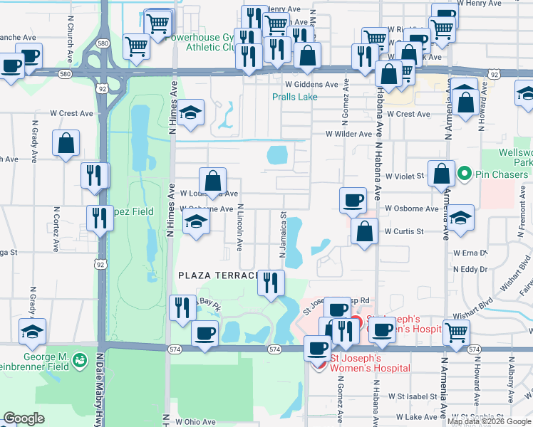map of restaurants, bars, coffee shops, grocery stores, and more near 3200 West Osborne Avenue in Tampa