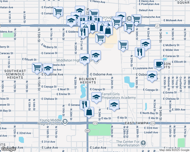 map of restaurants, bars, coffee shops, grocery stores, and more near in Tampa
